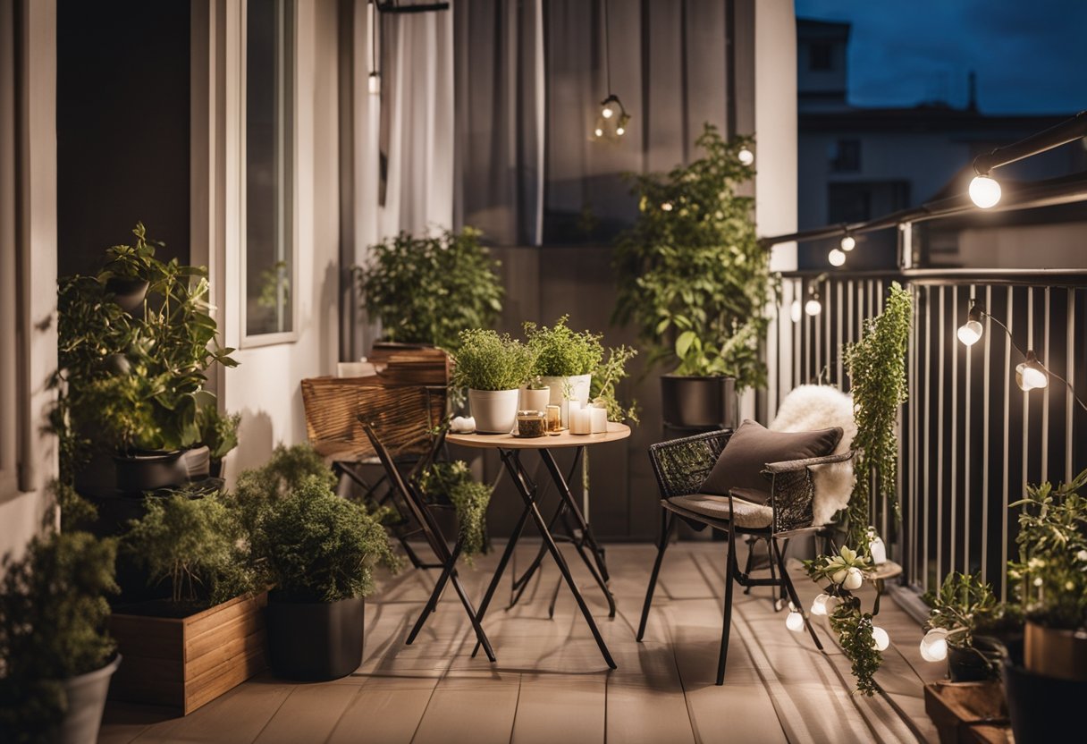 A small balcony with potted plants, foldable furniture, and hanging lights. Cozy and functional outdoor design