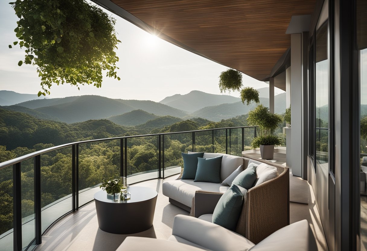A modern, spacious balcony with sleek glass railings and comfortable seating, surrounded by lush greenery and offering a panoramic view