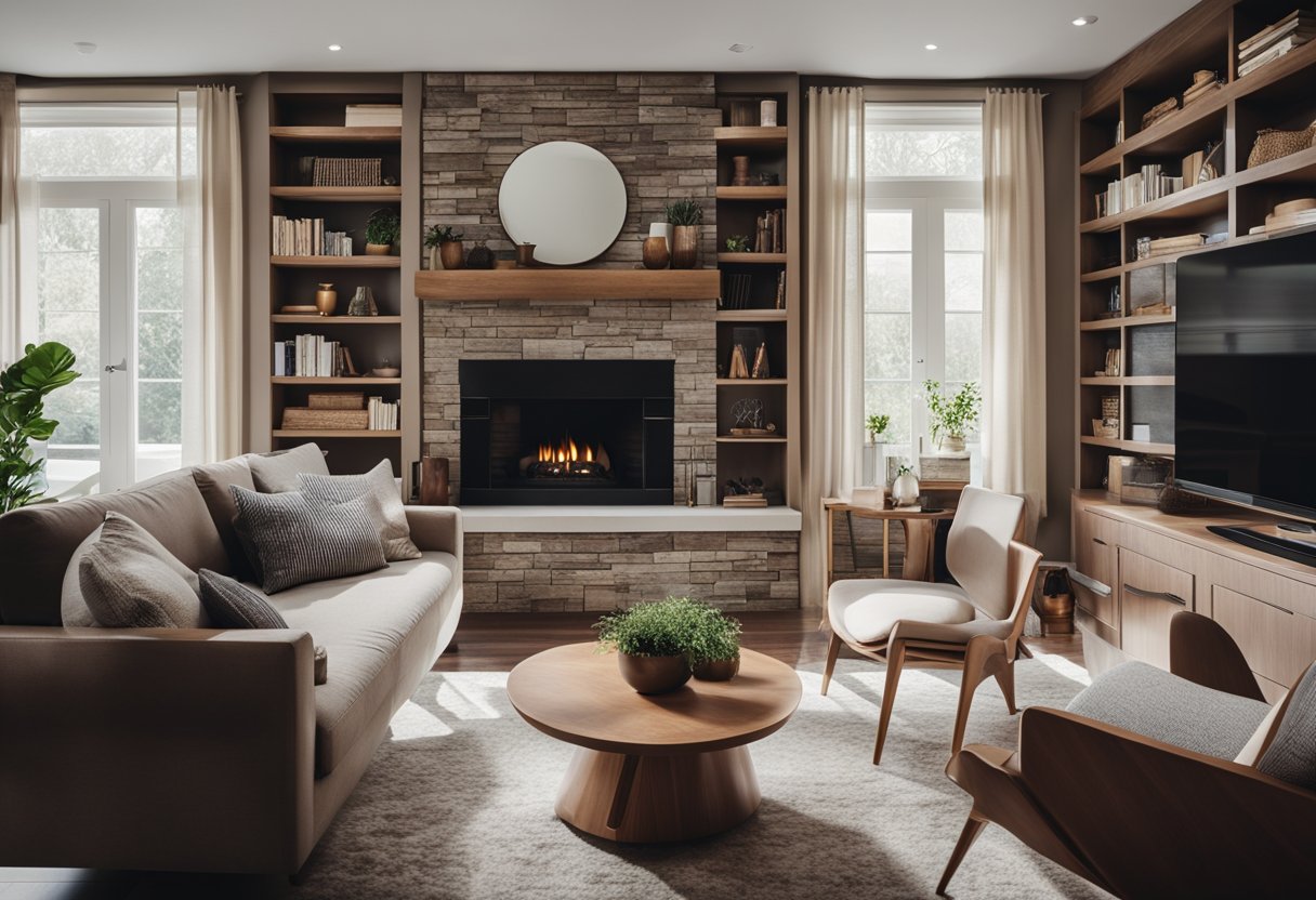 A cozy living room with a fireplace, large windows, and comfortable seating. A study room with a desk, bookshelves, and a cozy reading nook