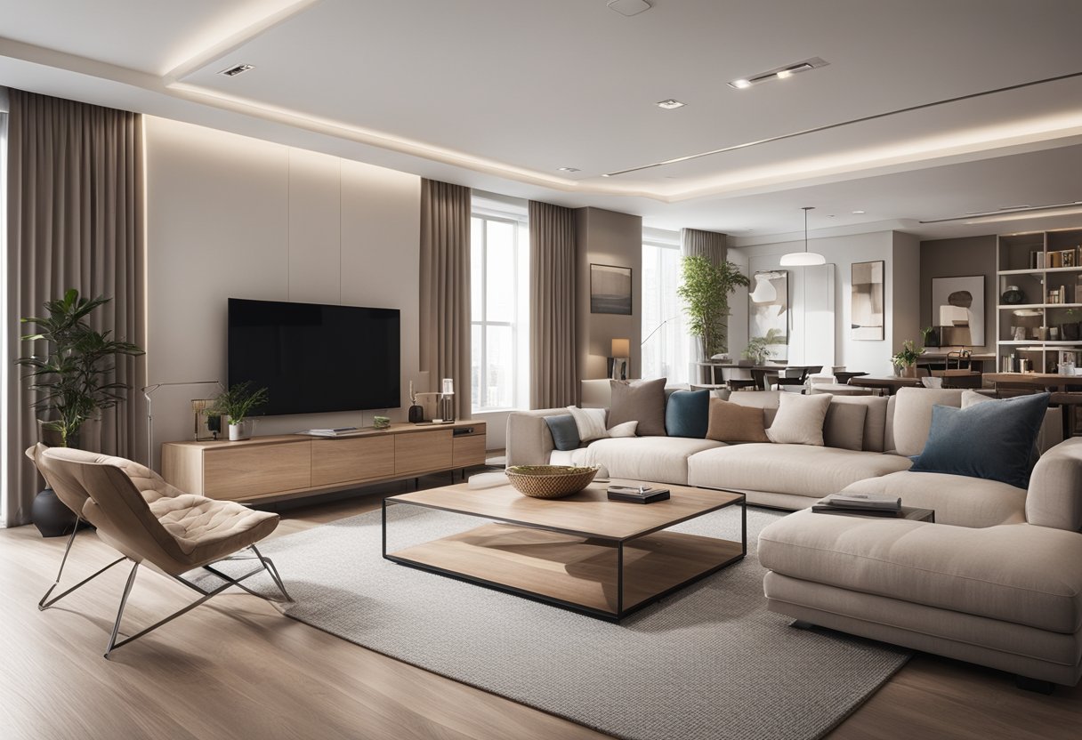 A spacious living room with a cozy study nook, featuring a neutral color palette, modern furniture, and ample natural light