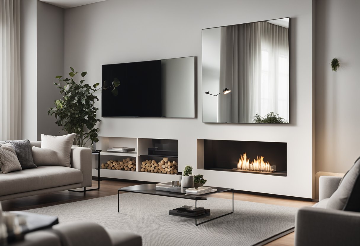 A sleek, rectangular mirror hangs above a minimalist fireplace in a spacious, well-lit living room. Clean lines and reflective surfaces create a contemporary, elegant atmosphere