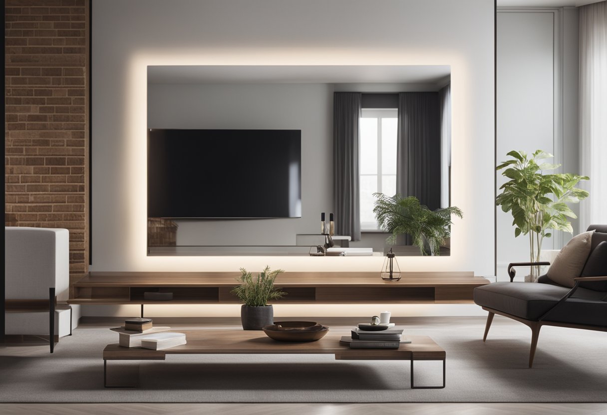 A sleek, rectangular mirror hangs above a minimalist fireplace in a spacious, well-lit living room