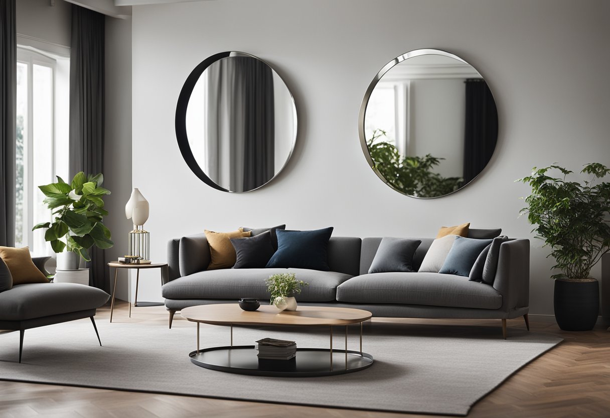 A sleek, minimalist mirror hangs on a living room wall, reflecting the contemporary decor and creating a sense of spaciousness