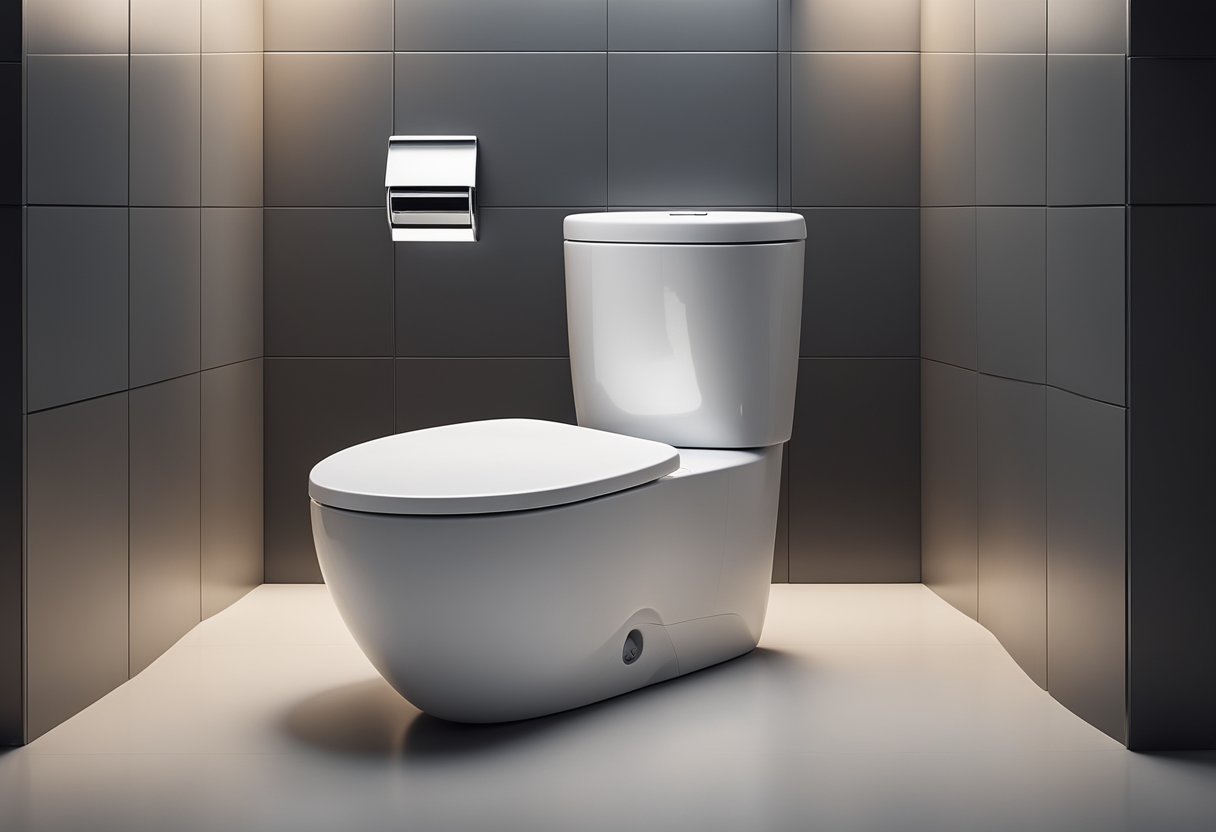 A sleek, minimalist toilet with smooth, curved lines and hidden trapways. Easy-to-clean surfaces and a touchless flush mechanism
