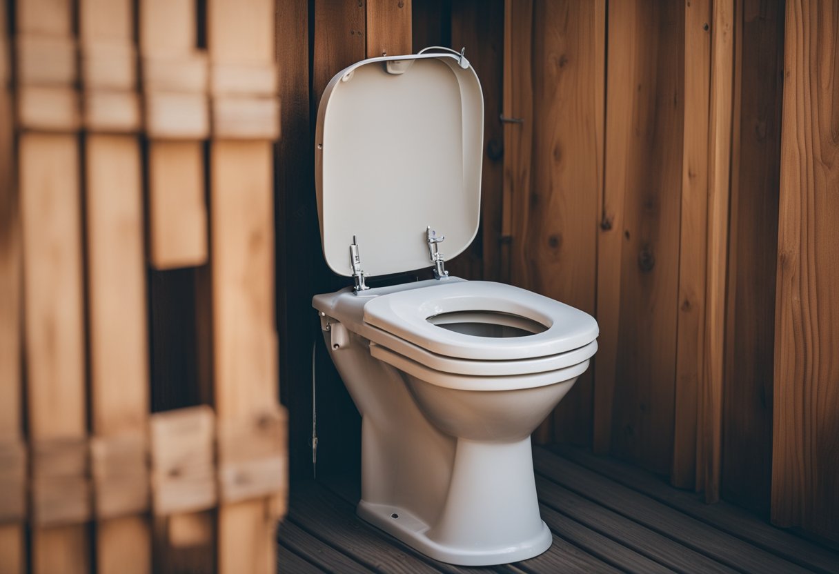 A wooden dry toilet with a sloped roof, a small ventilation pipe, and a hinged seat with a bucket underneath