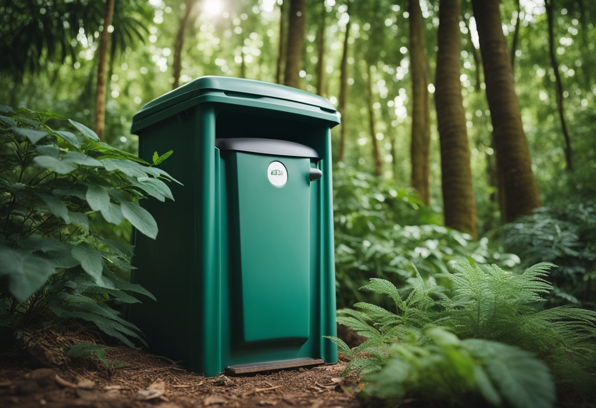 A dry toilet sits in a lush, green forest, surrounded by diverse plant life. A composting bin nearby shows the eco-friendly benefits of the design