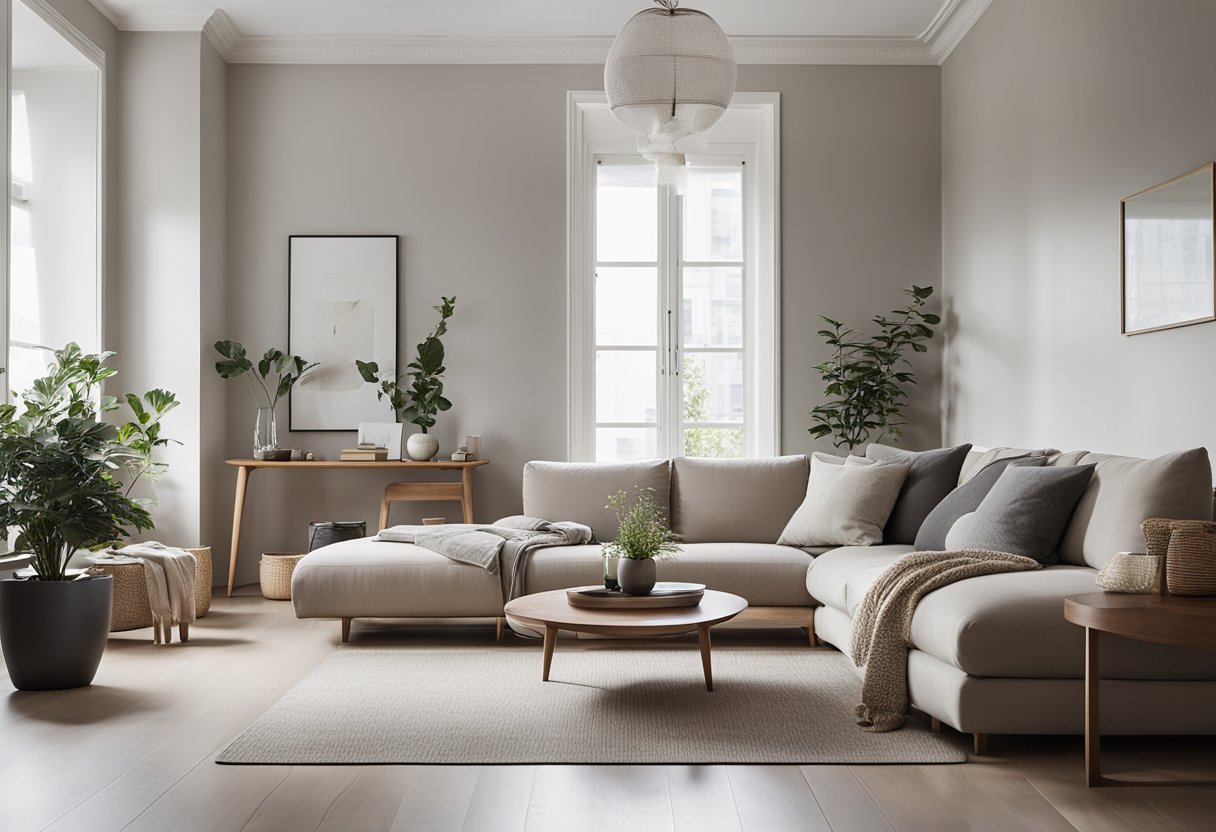 A minimalist living room with neutral tones, low furniture, and natural lighting. Clean lines, uncluttered space, and simple decor