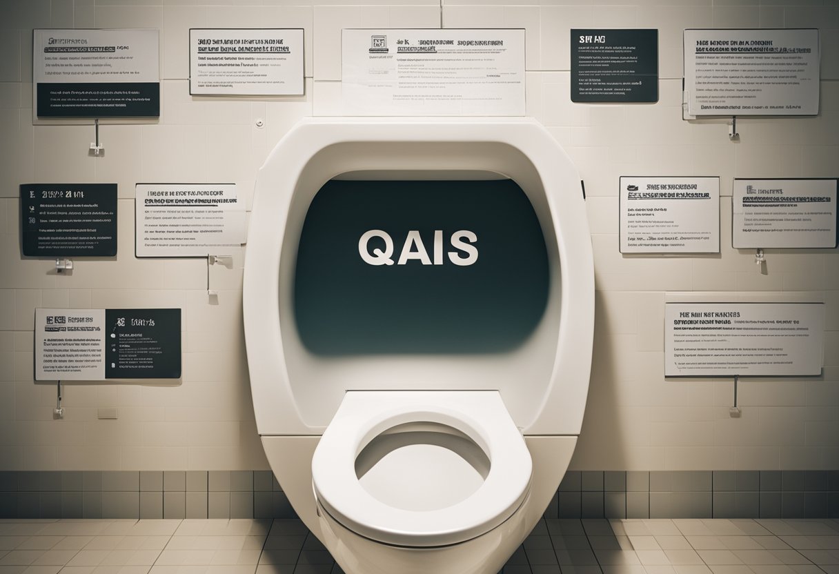 A dry toilet with clear labeling and instructions, surrounded by a diverse group of people reading and discussing the FAQs