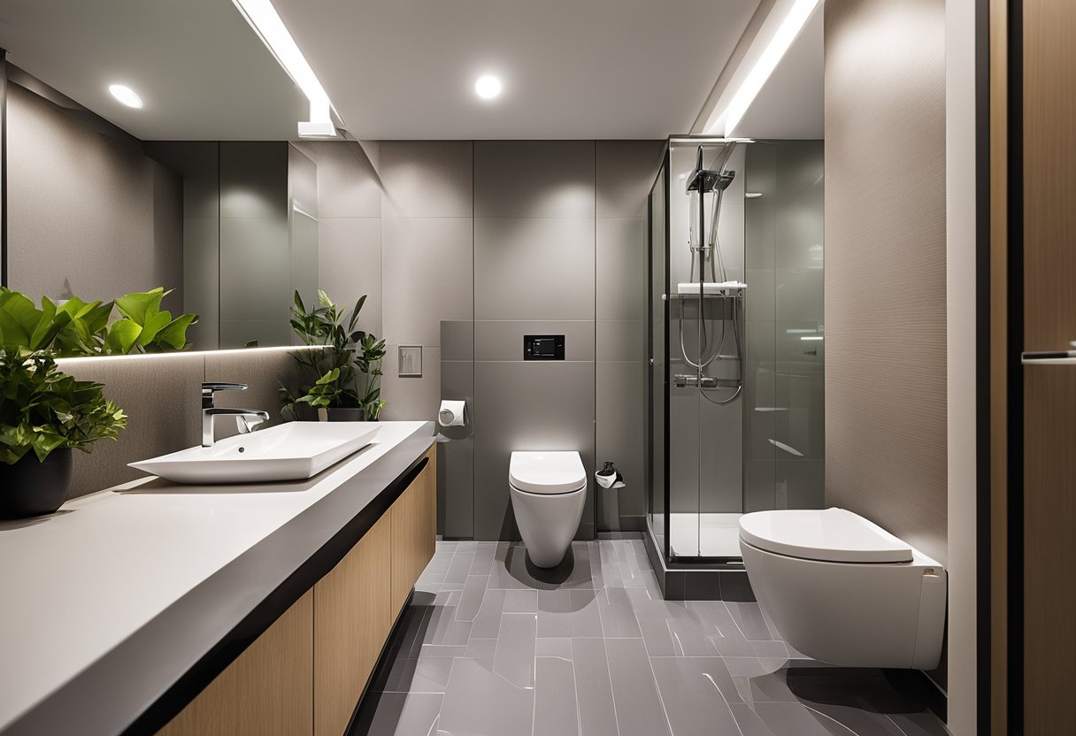 A modern HDB toilet with sleek fixtures, vibrant tiles, and innovative storage solutions