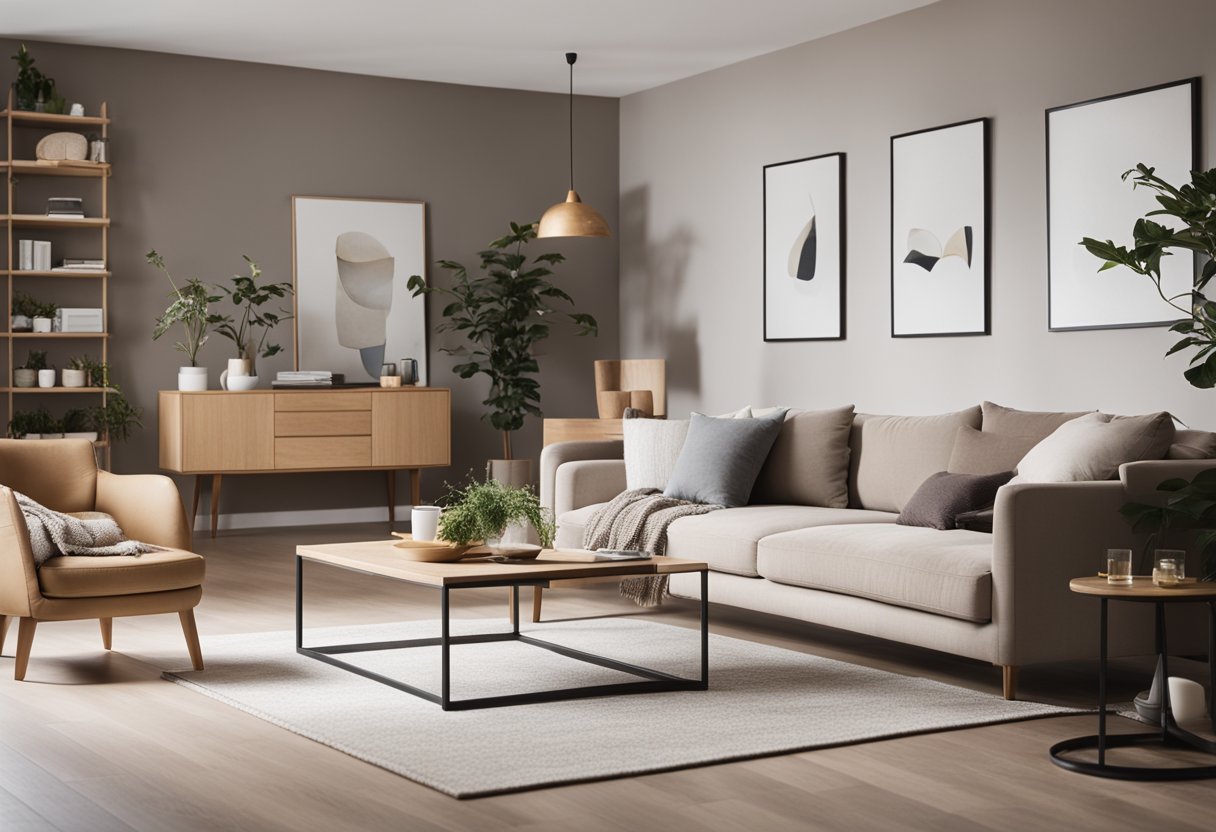 A minimalistic living room with neutral colors, low furniture, natural lighting, and simple decor