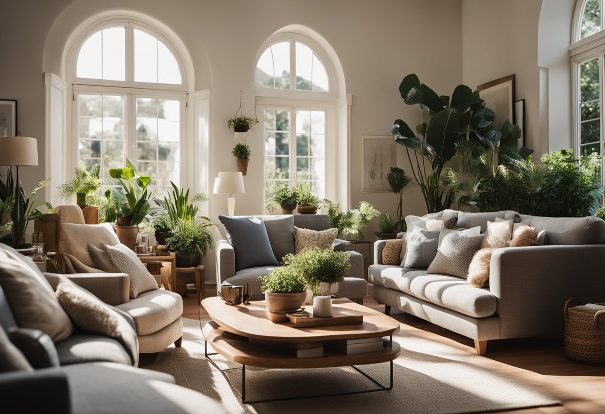 A cozy living room with a large, plush sofa and armchairs arranged around a coffee table. Sunlight streams in through the windows, highlighting the decorative accents and potted plants throughout the room