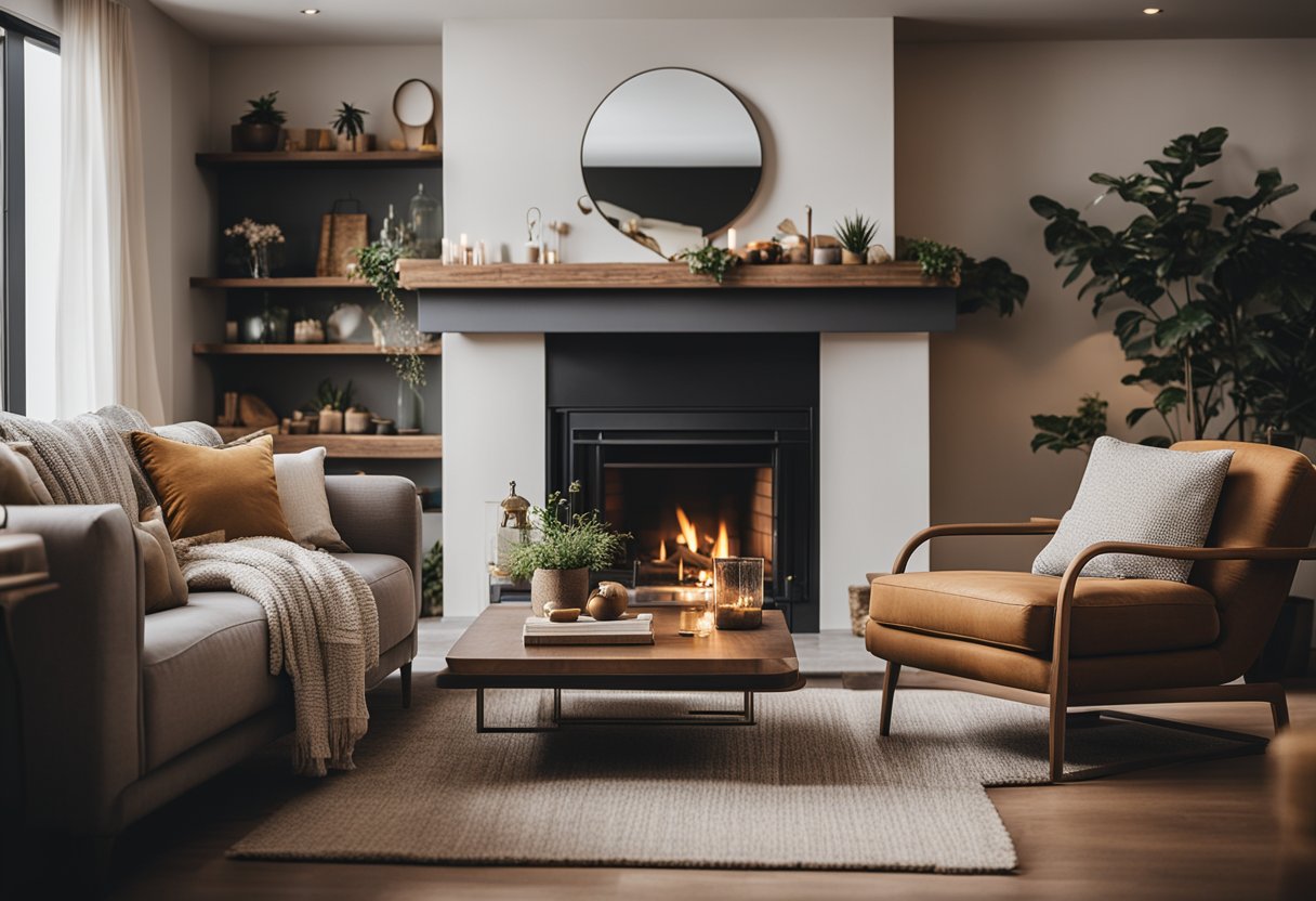 A cozy living room with a large, eye-catching fireplace as the focal point, surrounded by comfortable seating and warm, inviting decor
