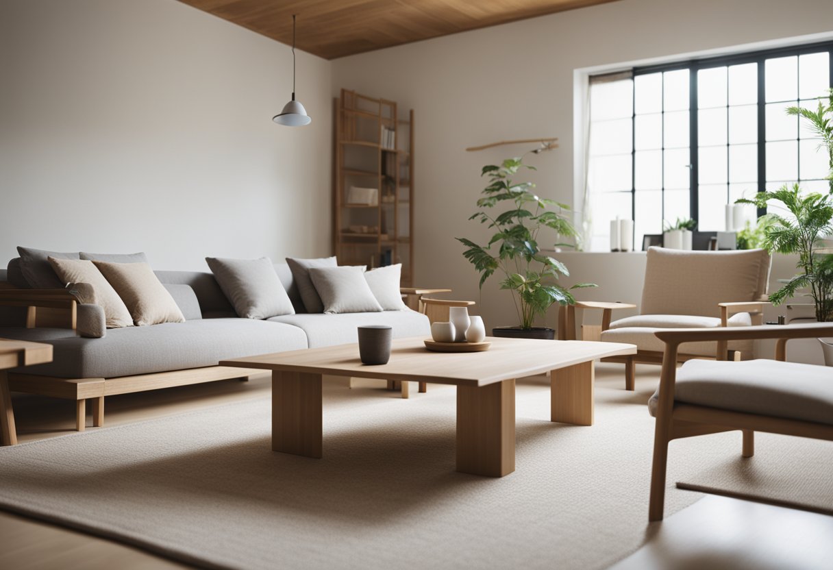 A cozy Muji living room with minimalist furniture, neutral colors, and soft lighting. Clean lines and natural materials create a serene and inviting atmosphere