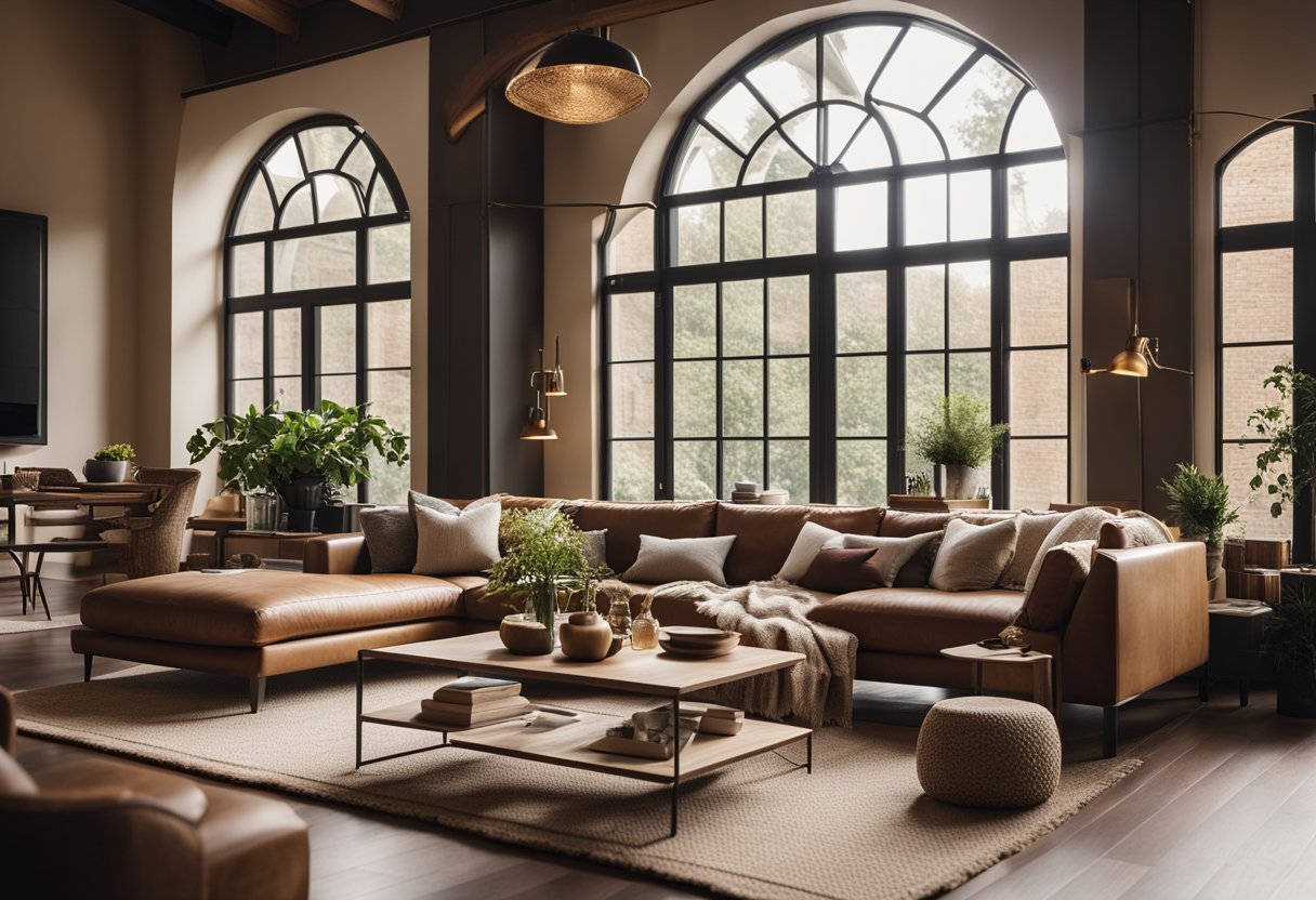 A cozy living room with warm, earthy tones and comfortable seating arranged in a conversational layout. Natural light streams in from large windows, highlighting the curated decor and creating a tranquil atmosphere