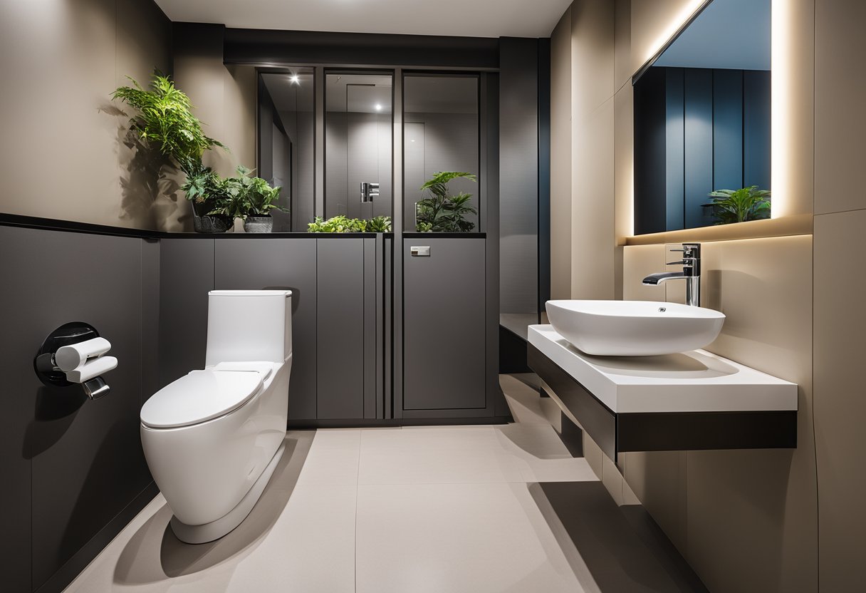 A modern HDB toilet with hip design, featuring sleek fixtures and space-saving layout