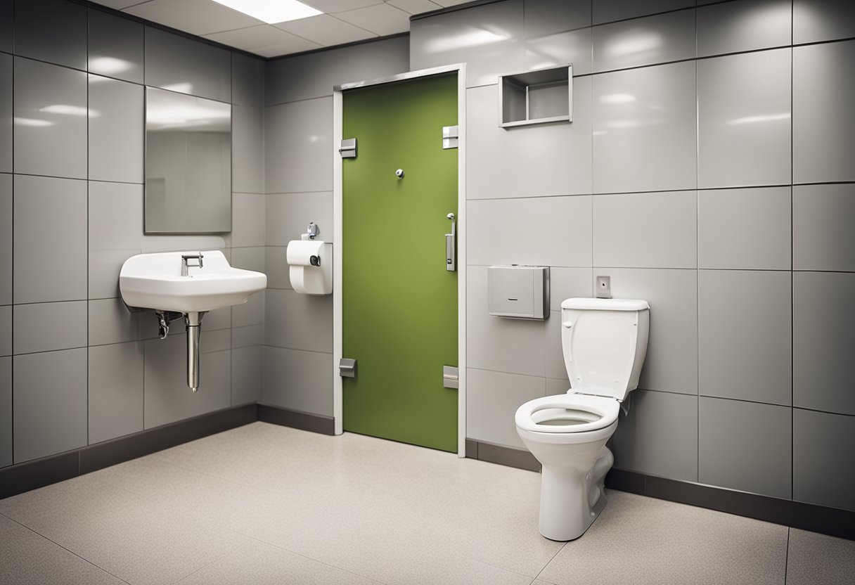 A spacious handicapped toilet with grab bars, raised toilet seat, and wide door. Clear signage and non-slip flooring for accessibility