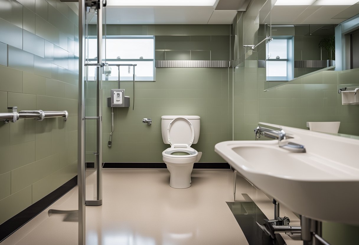 A spacious and accessible handicapped toilet with grab bars, non-slip flooring, and a raised toilet seat. Clear signage and ample space for maneuvering a wheelchair