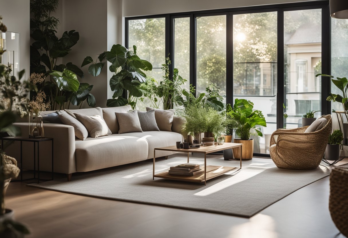 A cozy living room with a large, comfortable sofa, a coffee table, and a soft rug. The room is filled with natural light from a large window, and there are decorative elements like plants and artwork on the walls