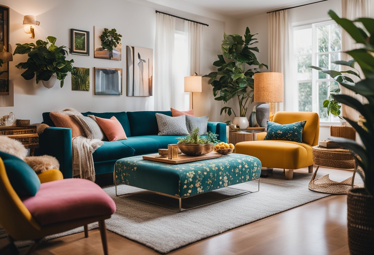 A cozy living room with vibrant colors, eclectic decor, and unique furniture pieces, creating a stylish and personality-filled interior design