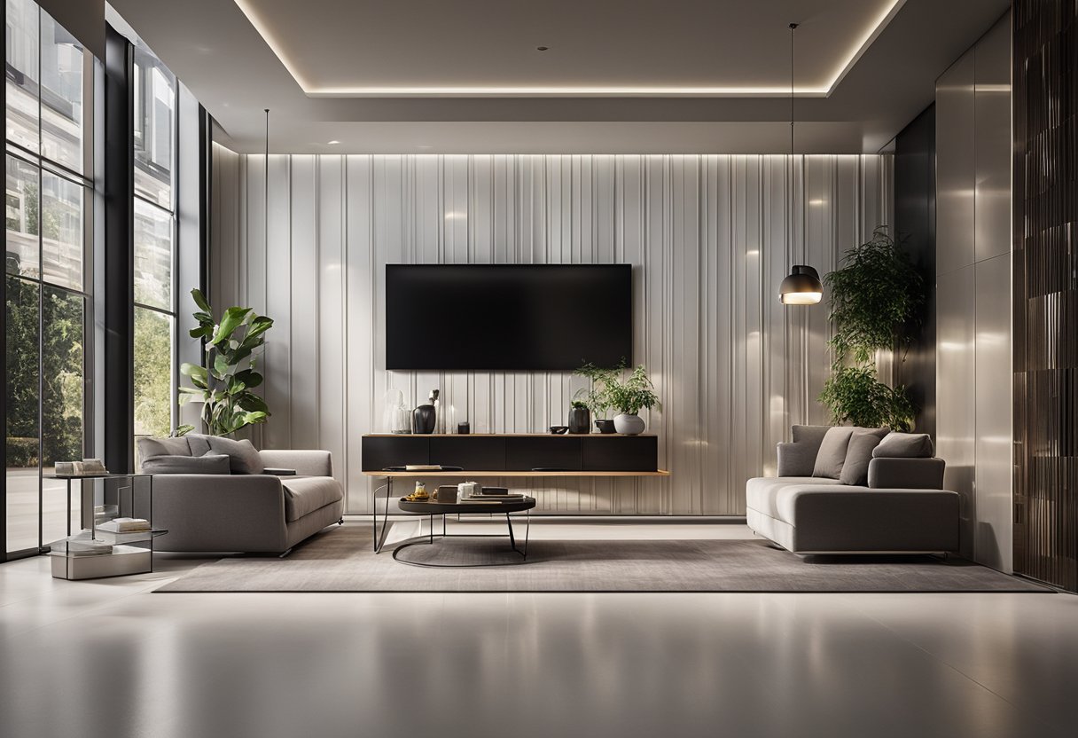 A modern living room with PVC wall panels in various designs, adding texture and depth to the space. Light reflects off the glossy surfaces, creating a sleek and contemporary atmosphere