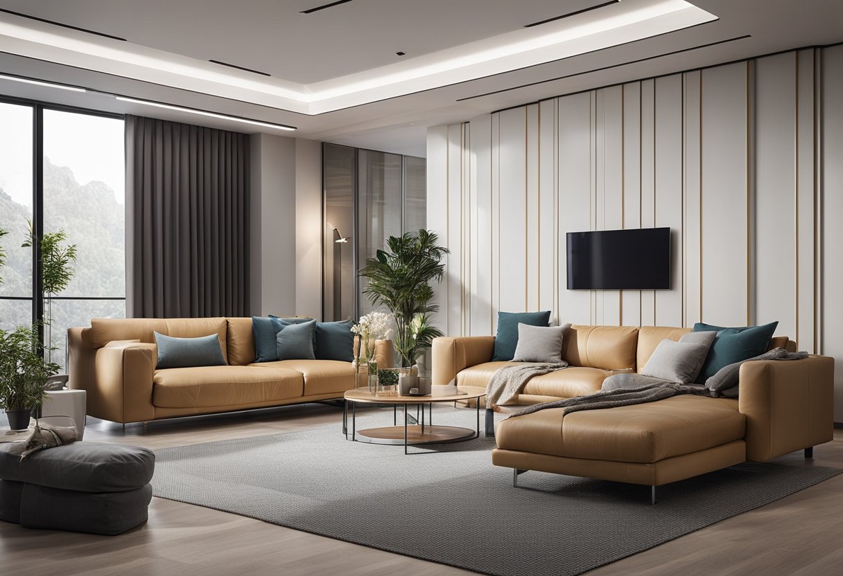 A modern living room with PVC wall panels in various designs, creating a sleek and stylish atmosphere
