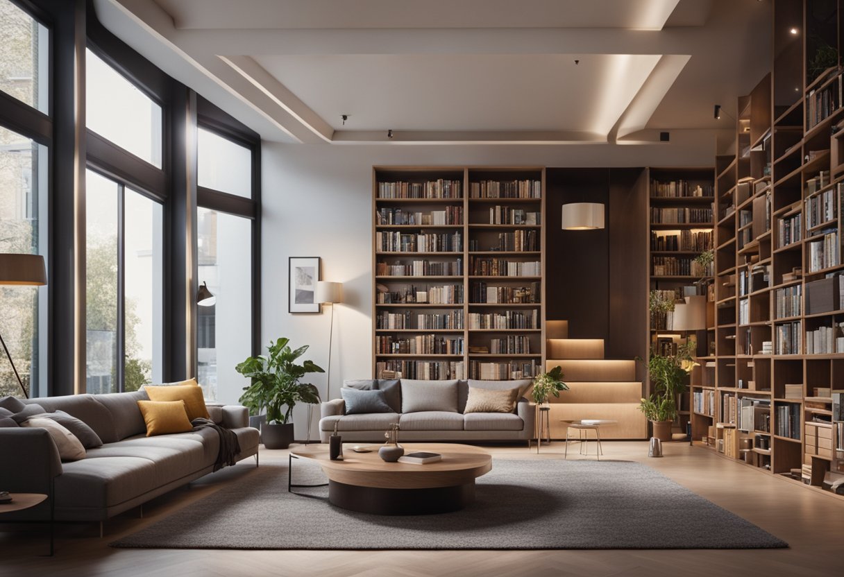 A cozy living room with modern furniture, warm lighting, and a large bookshelf filled with books. A comfortable sofa and a coffee table in the center of the room