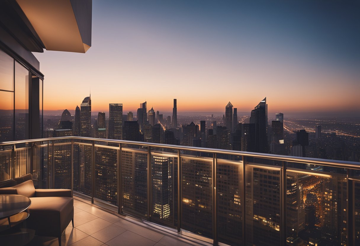 A sleek stainless steel balcony overlooks a city skyline at sunset