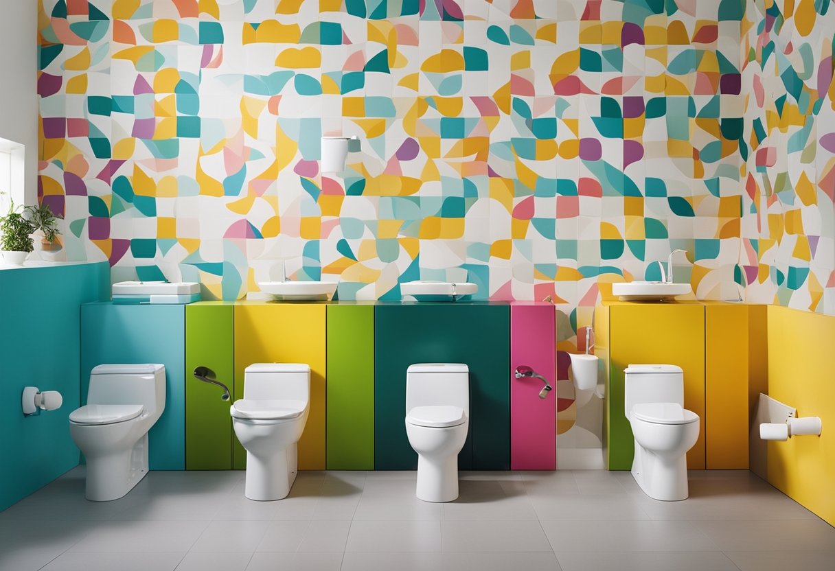 A colorful, child-friendly toilet area with low sinks, step stools, and playful wall decals. Bright, easy-to-clean surfaces and child-sized toilets