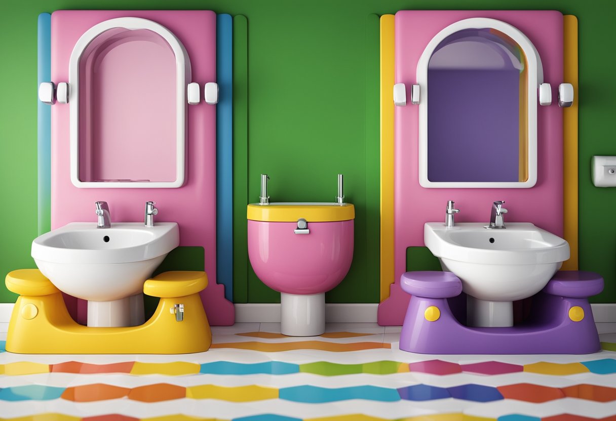 Brightly colored, child-sized toilets and sinks with cartoon characters. Low-hanging mirrors and step stools for accessibility. Cheerful, non-slip flooring
