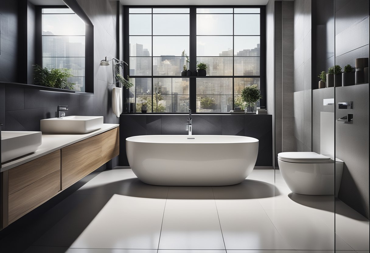 A sleek, minimalist toilet with wall-mounted tank, floating shelves, and geometric floor tiles. Chrome fixtures and a freestanding bathtub complete the modern design