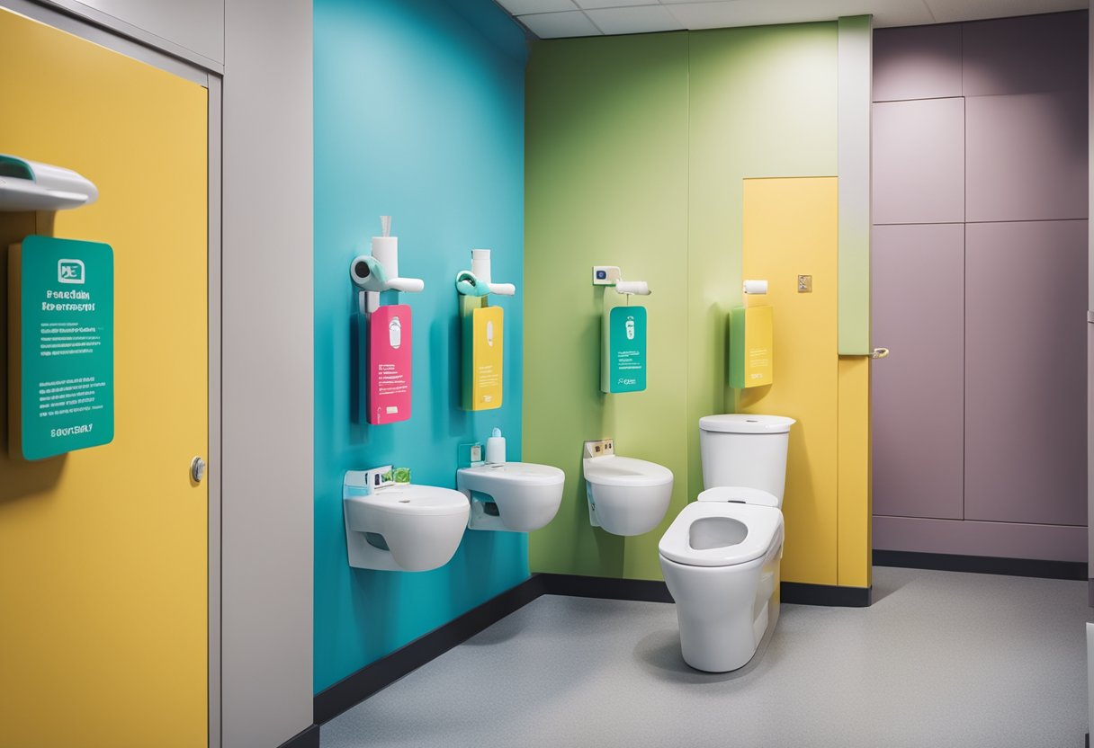 A colorful and child-friendly toilet area with low sinks, step stools, and easy-to-reach toilet paper dispensers. Bright, inviting signage with simple instructions for young children