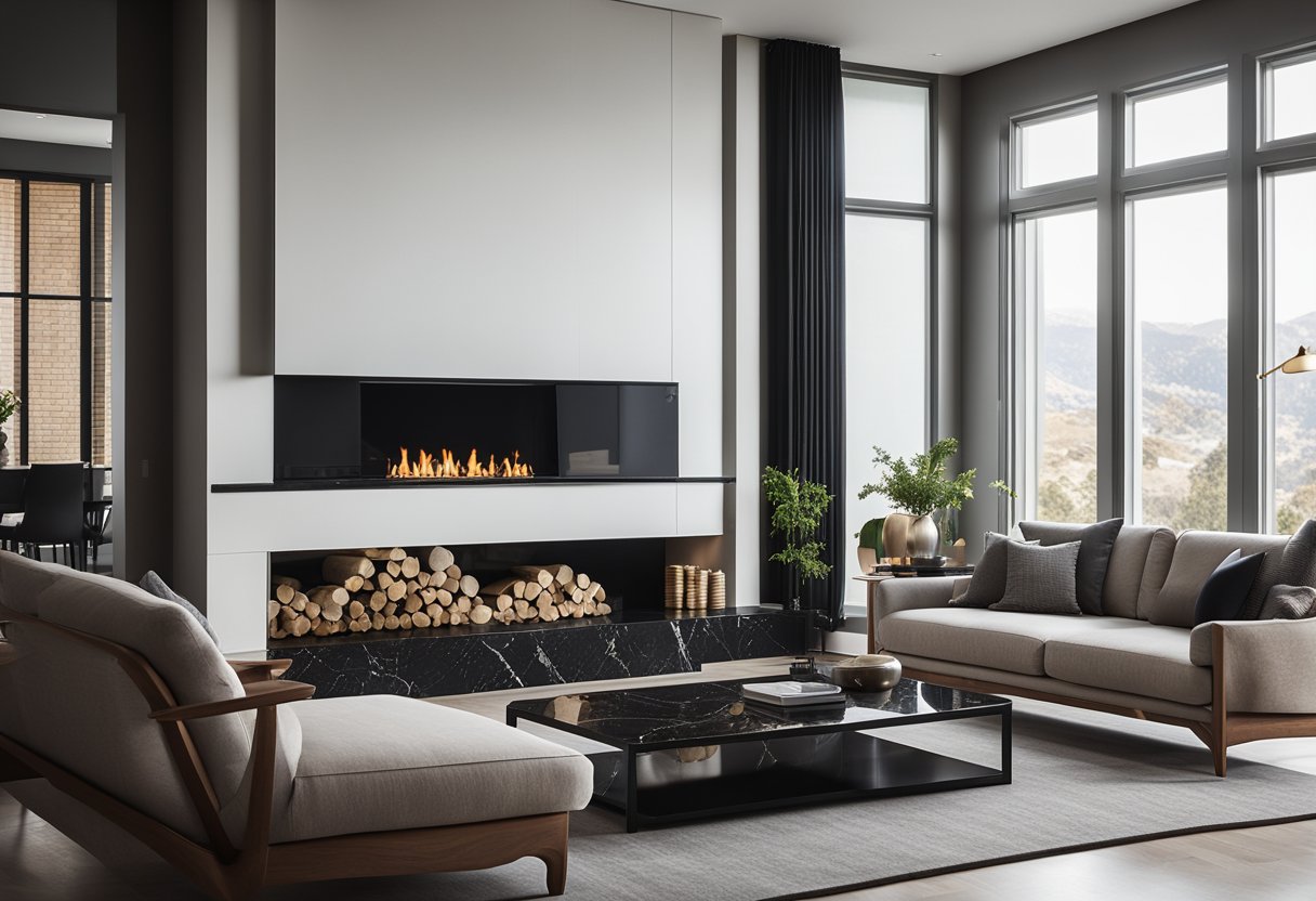 A modern, rectangular mirror hangs above a sleek, black marble fireplace in a spacious, minimalist living room