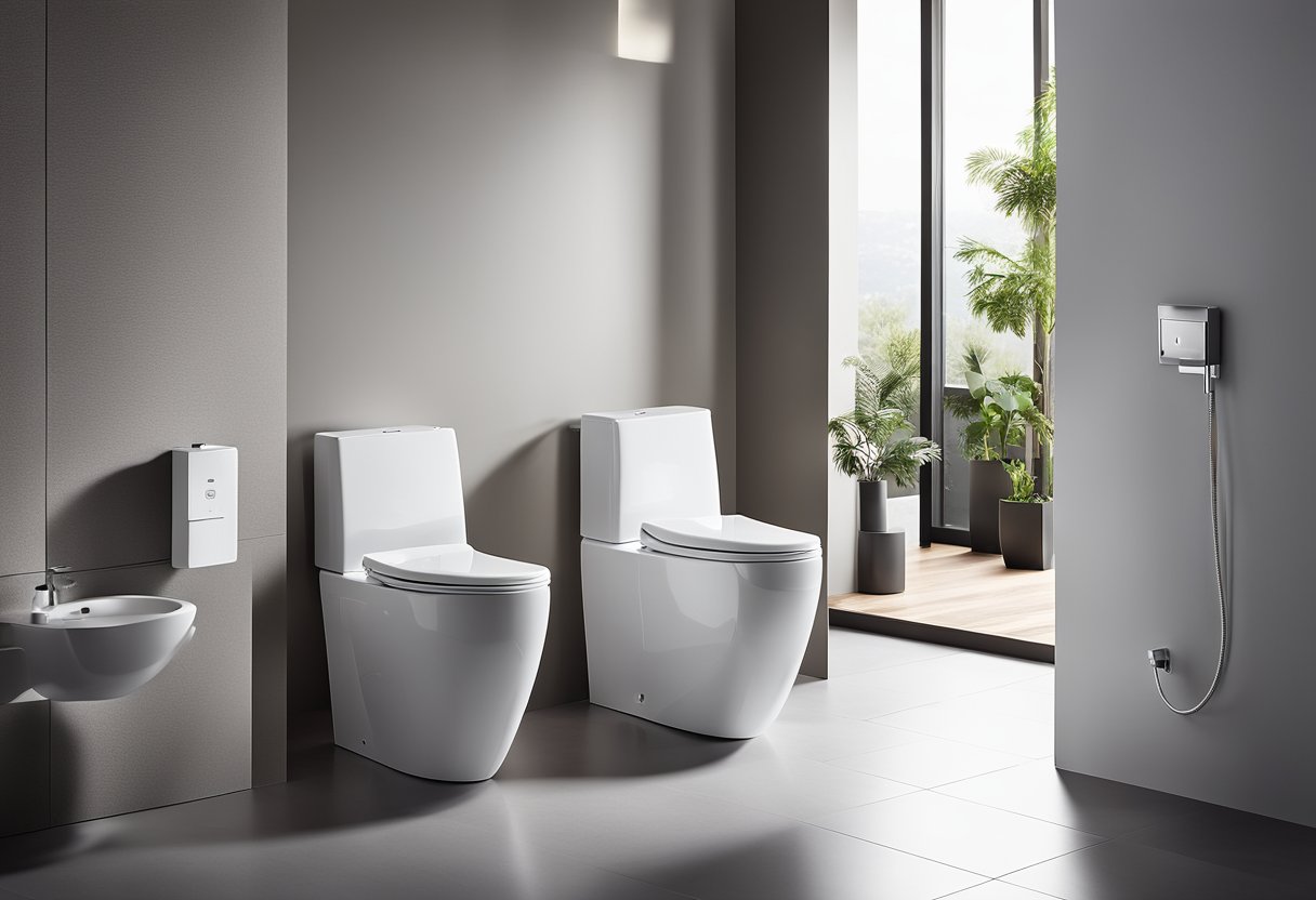 A sleek, minimalist toilet with integrated bidet and touchless flush. Clean lines, soft lighting, and high-tech features create a futuristic feel