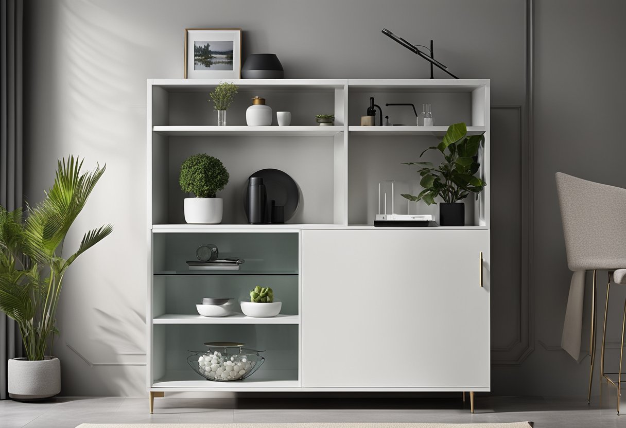 A sleek, modern side cabinet with clean lines and a glossy finish, adorned with minimalistic hardware and adjustable shelving