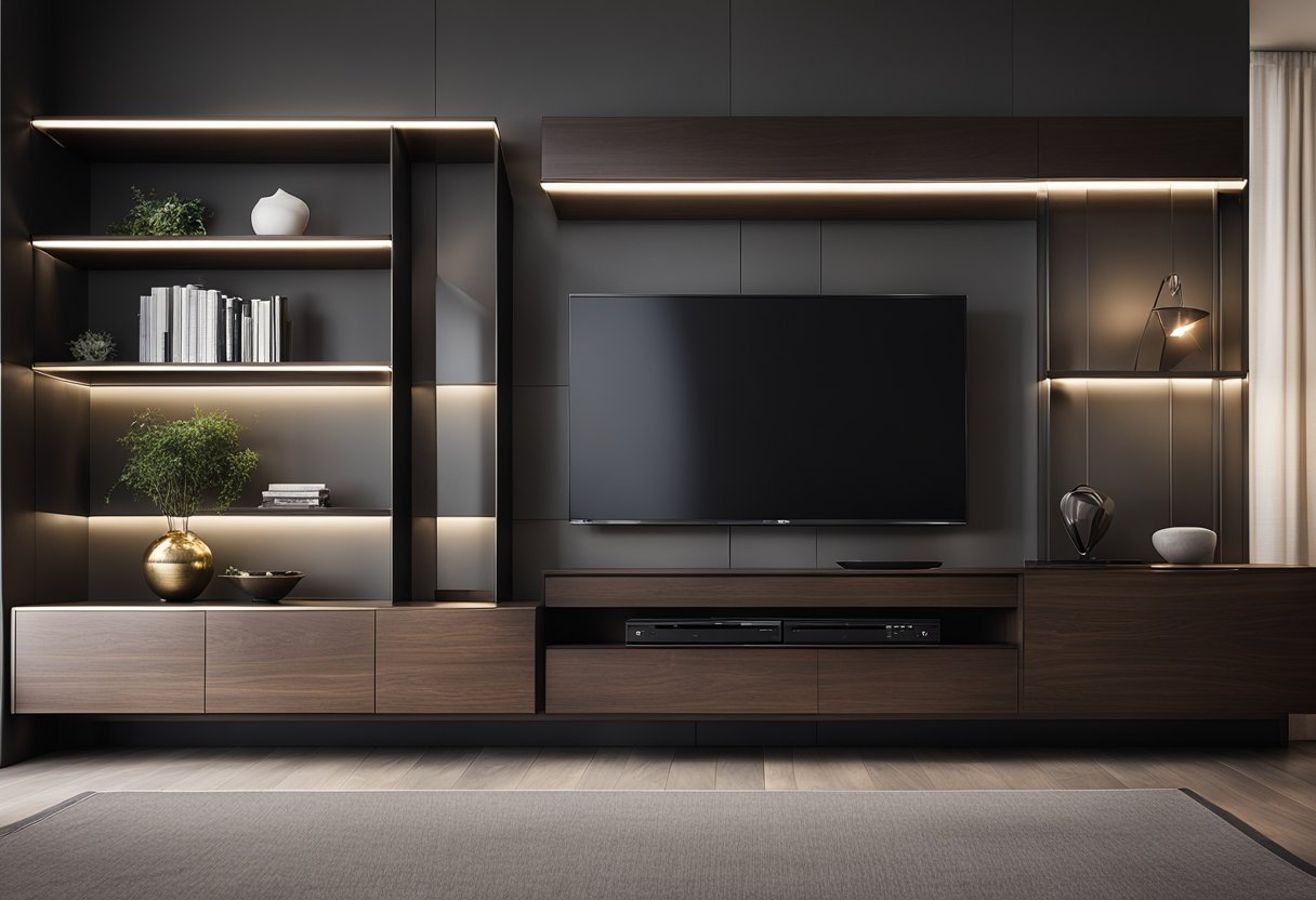 A modern living room with sleek side cabinets, clean lines, and minimalist decor. The cabinets are made of dark wood with metallic accents, adding a touch of elegance to the room