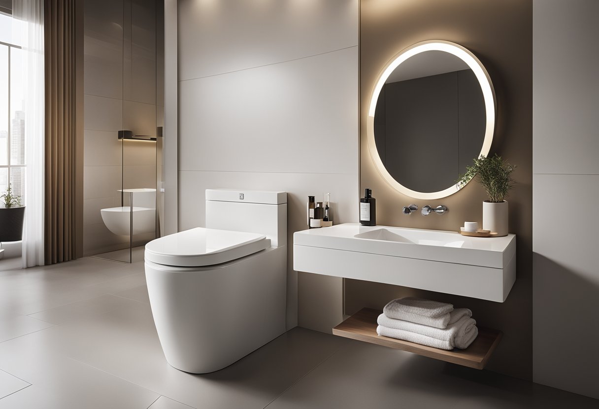 A sleek, minimalist toilet with clean lines and a floating vanity. Neutral colors and geometric shapes create a contemporary, spa-like atmosphere