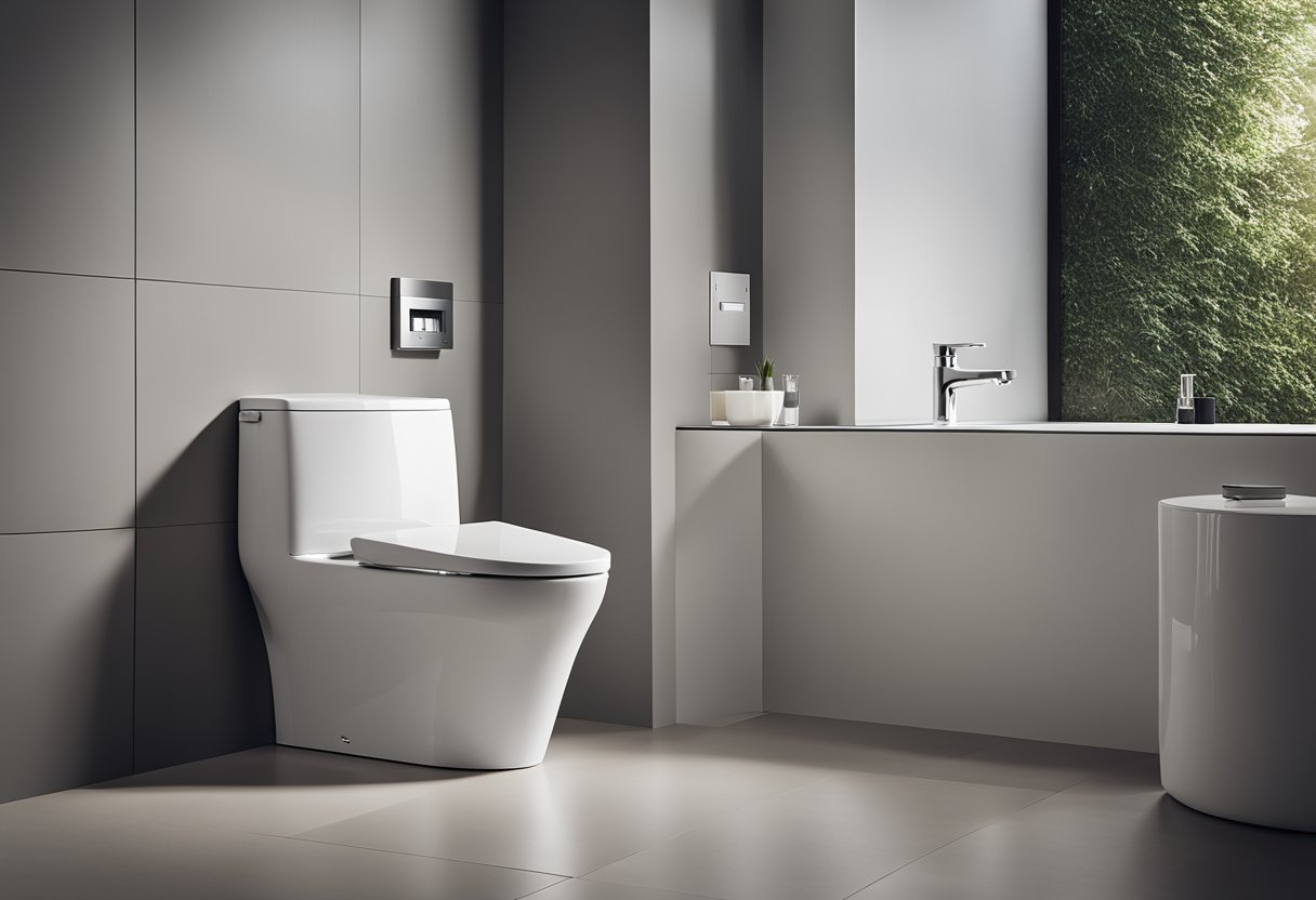 A sleek, minimalist toilet with integrated bidet and touchless flush. Clean lines, neutral colors, and smart technology