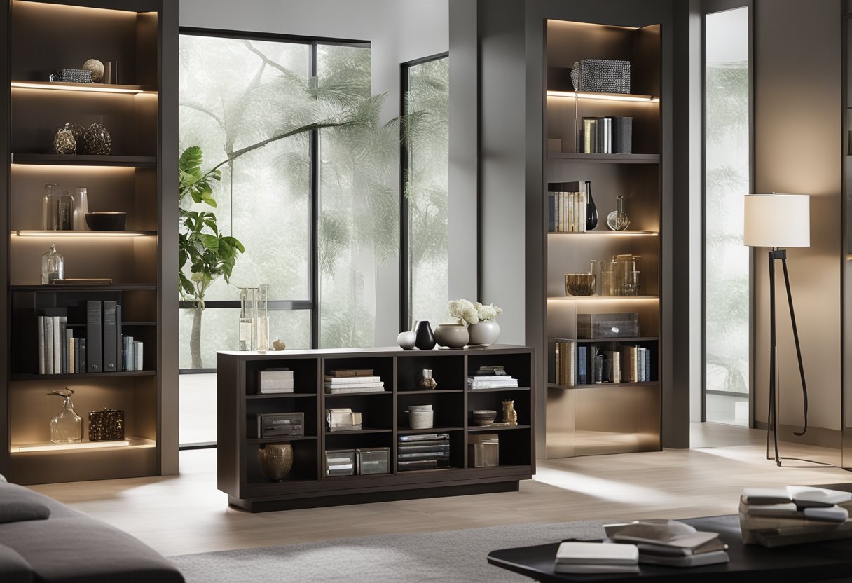 A sleek, modern side cabinet with adjustable shelves and built-in lighting, showcasing books and decorative items in a well-lit living room setting