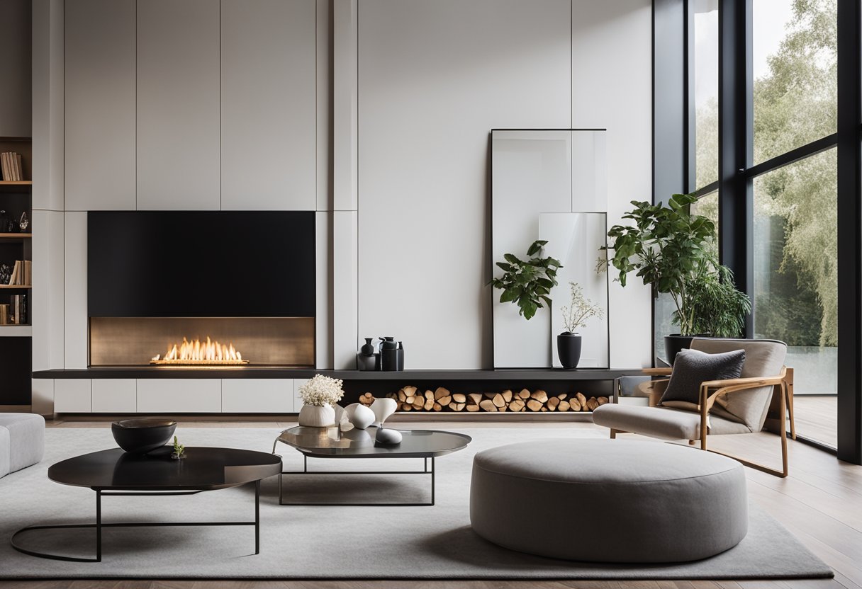A modern living room with a sleek, rectangular mirror hanging above a minimalist fireplace, reflecting the room's clean lines and contemporary decor