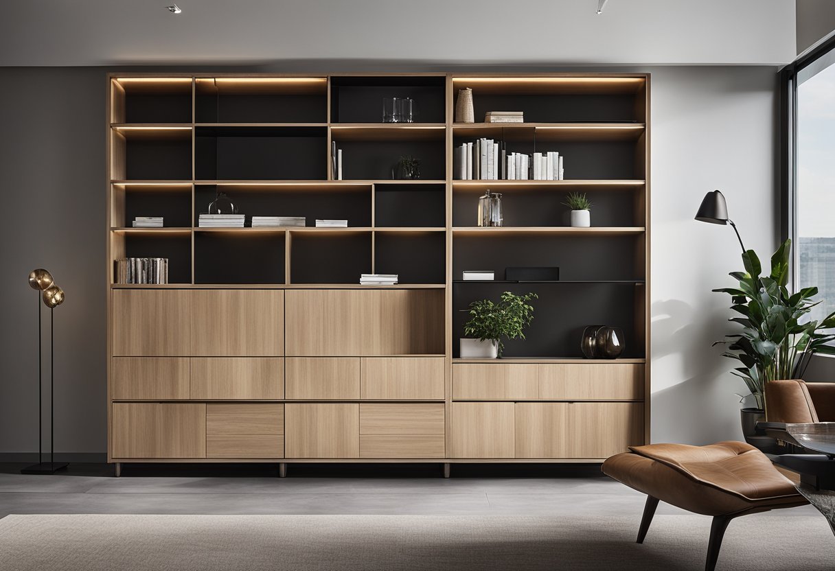 A sleek, modern side cabinet with open shelves and closed compartments, showcasing a minimalist yet functional design for a contemporary living room