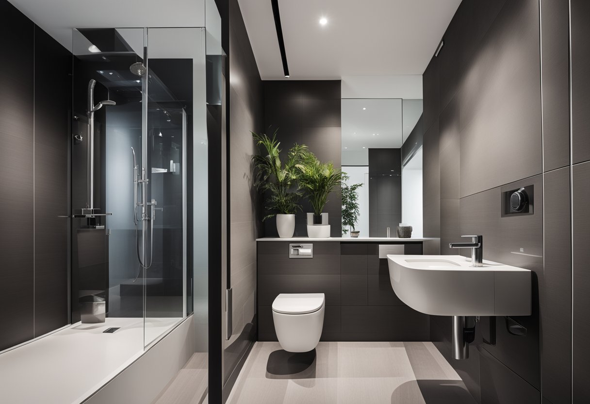 A compact toilet with a built-in shower, minimalist design, and modern fixtures