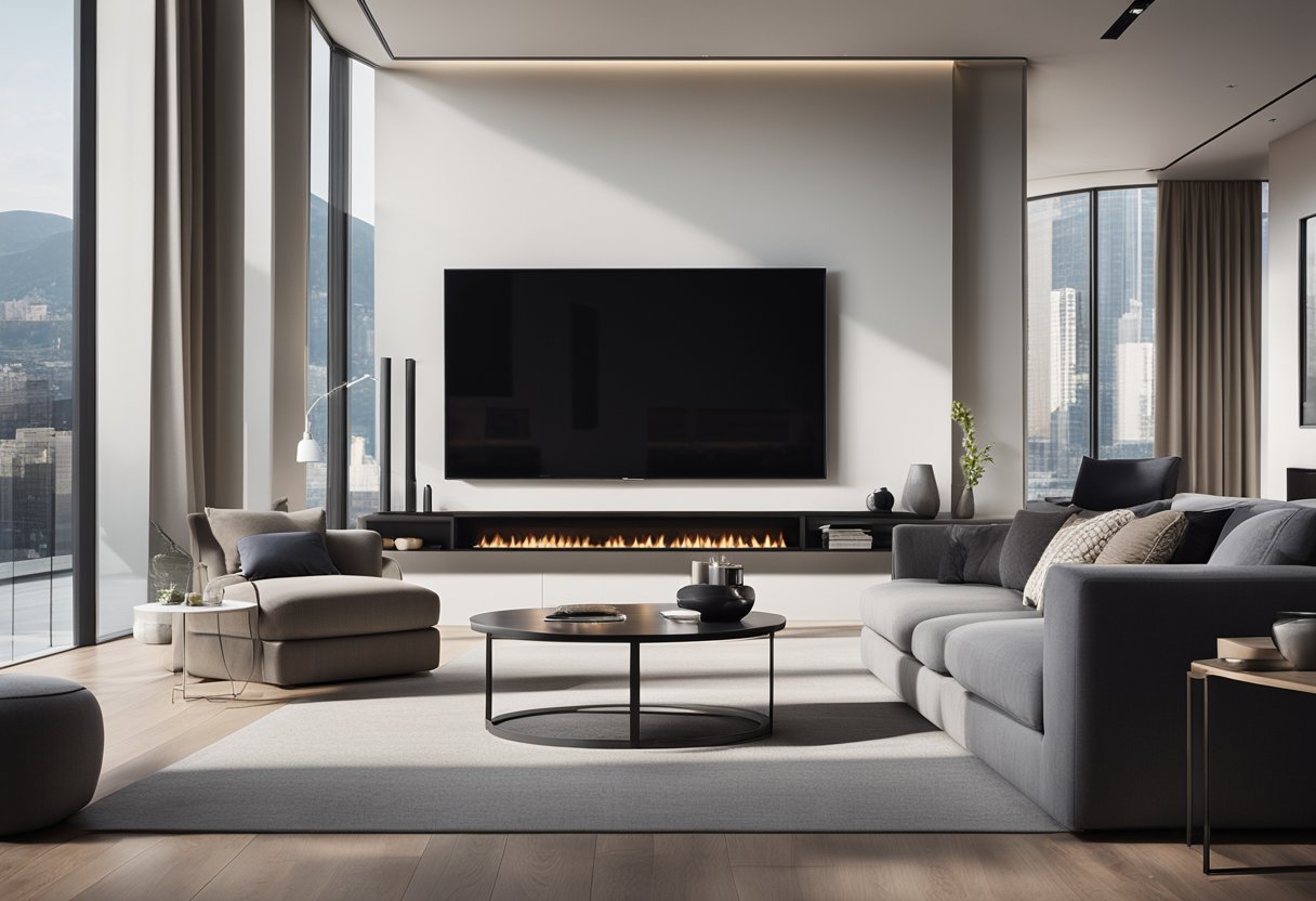 A modern living room with sleek furniture, a large flat-screen TV, and a minimalist fireplace. The room is bathed in natural light from the floor-to-ceiling windows, showcasing a stunning view