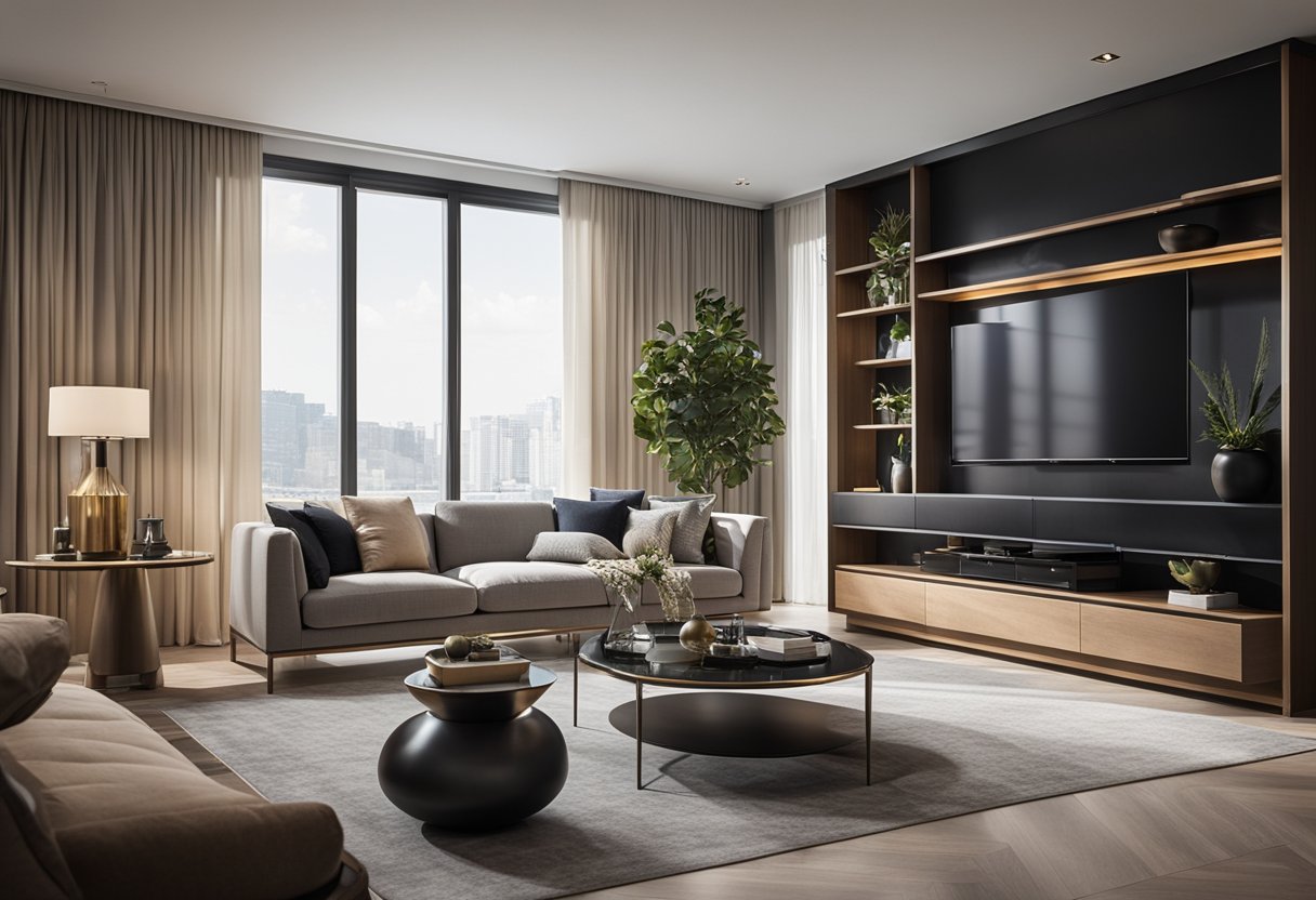 A modern living room with sleek furniture, a statement rug, and a display of elegant decor on the showcase shelves