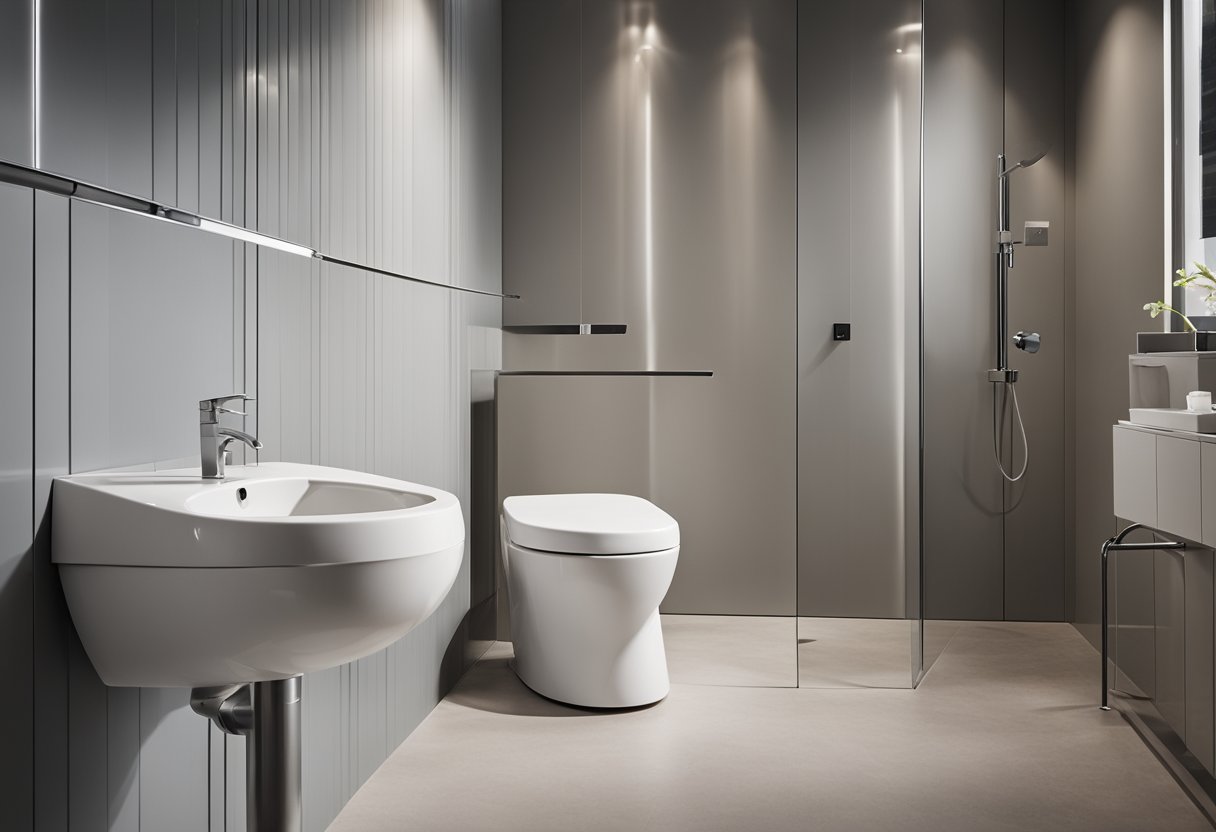 A small toilet with a shower. Clean lines, minimalistic design, and neutral colors. Functional and modern aesthetic