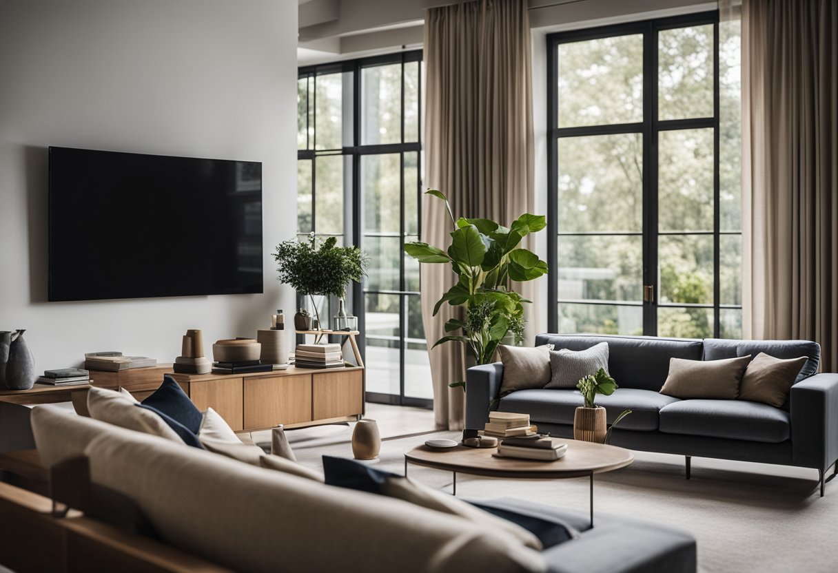 A modern living room with a sleek showcase displaying various decorative items and a collection of books. The room is well-lit with natural light coming in from large windows