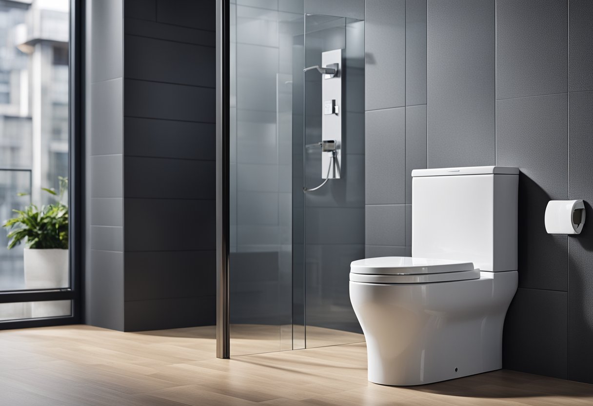 A compact toilet with a built-in shower, minimalistic design, and space-saving features