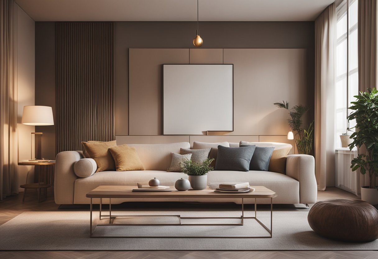 A cozy living room with a large, empty wall. Soft, warm colors and geometric shapes create a modern and inviting atmosphere