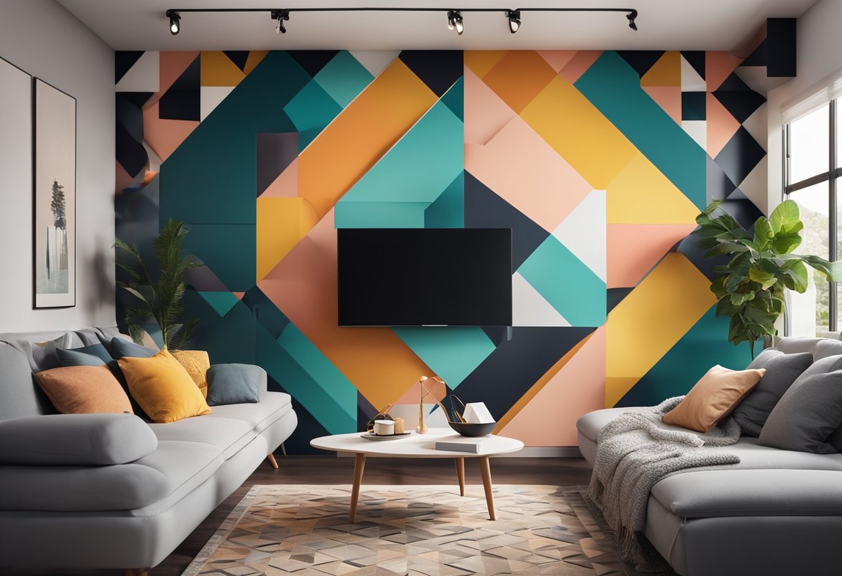 A living room with vibrant, geometric wall designs in various colors and patterns, creating a lively and dynamic atmosphere