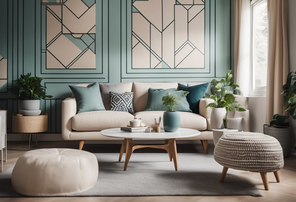 A cozy living room with geometric patterns painted on the walls in soothing colors, creating a cohesive and inviting space