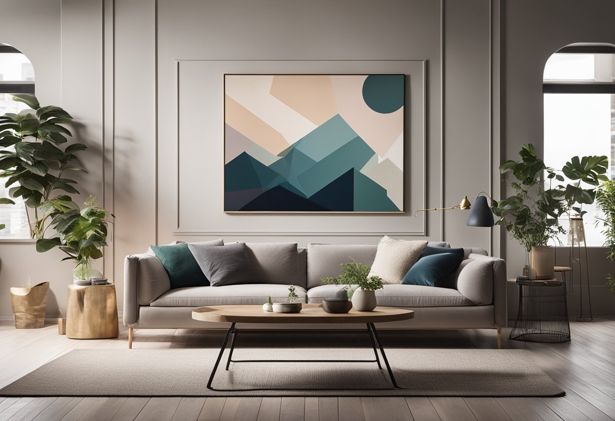 A cozy living room with a large blank wall, featuring simple yet elegant and modern wall painting designs, with various geometric patterns and soothing color palettes